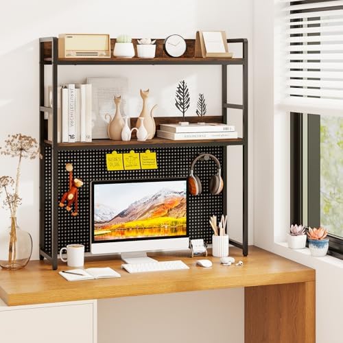 GOFLAME Desktop Bookshelf with Pegboard, 37 Inch Industrial Desk Hutch for Computer Monitor, 2-Tier Countertop Organizer Shelf with Safety Guardrails for Home Office, Dorm, Study, Rustic Brown - Image 2