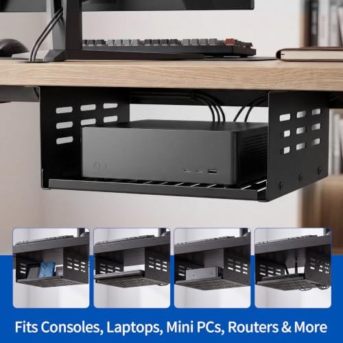 Under Desk Storage Shelf, 12"x11" Vented Steel Desk Add-On Tray for Small Form Factor SFF Computers Laptop, Compatible with PlayStation 4 PS4 Pro PS4 Slim - Image 4