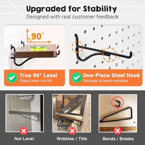 2 Pcs Walnut Finish Wooden Pegboard Shelf for 1/4" Metal Pegboard - Image 3