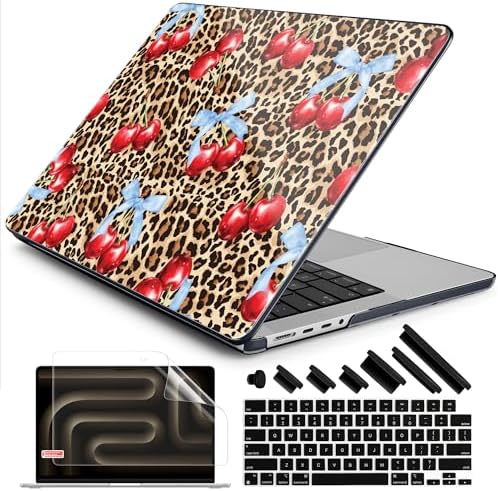 DONGKE Compatible with MacBook Pro 16 Inch Case (2026-2021 Release, M5 M4 M3 M2 M1 Pro/Max Chip), Plastic Hard Shell Cover with Keyboard Cover & Screen Protector for MacBook Pro 16", Leopard & Cherry by DONGKE