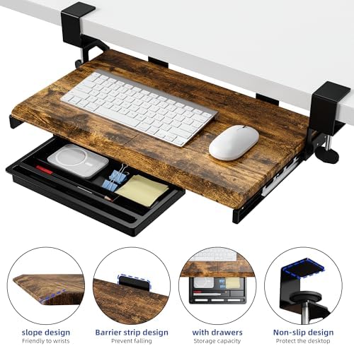 ETHU Small Keyboard Tray Under Desk with Metal Rail, 19.7x11.8", Walnut - Image 5