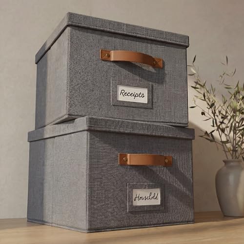 Decorative File Organizer Box Set of 2 - Collapsible Linen Filing Cabinets by ZICOTO