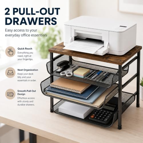4-Tier Printer Stand with Storage for Desk, Wood Top, Black - Image 3
