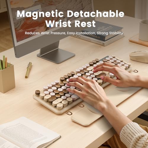 Wireless Keyboard, Round Keycaps, Retro Typewriter Keyboard with Magnetic Wrist Rest, Sleep Mode, Foldable Legs, 2.4GHz Full-Size Cordless Computer Keyboard for Windows PC, Laptop (Beige & Brown) - Image 2