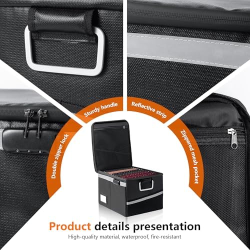 Fireproof Waterproof Document Box with Lock Collapsible Portable File Organizer Hard Shell Storage for Hanging Letter Legal Folders Home Office Safe Black 15.7x11.2x10.2in - Image 4