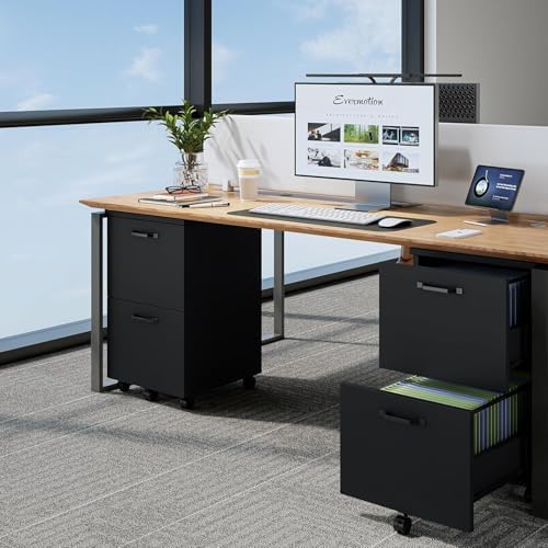 2 Drawer Filing Cabinet, Wood Rolling Filing Cabinets with Printer Stand, Under Desk Storage Lockable Wheels, Home Office Organizer for A4 Letter Legal Size Documents,Black - Image 2