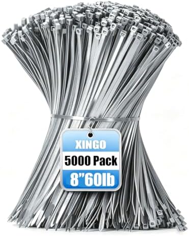 XINGO 5000 PCS Silver Zip Ties 8 Inch, 60 LBS Tensile Strength, Self-Locking Nylon Plastic Nylon PA66 Wire Ties for Indoor and Outdoor Use by XINGO
