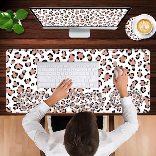 Keyboard Wrist Rest and Mouse Pad with Wrist Support Set Ergonomic Coaster,Memory Foam,Easy Typing Pain Relief,Large XL Desk Mat 31.5"x 11.8",Leopard Print - Image 4