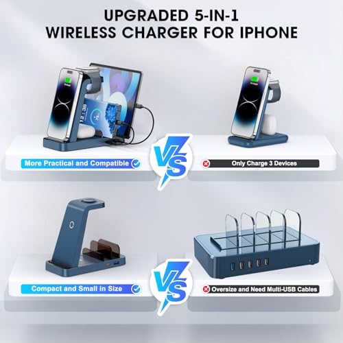 Wireless Charger for iPhone - 5 in 1 Charging Station for Multiple Devices Apple: Fast Wireless Charging Stand Dock for iPhone 17 16e 16 15 14 13 12 Pro Max Apple Watch Airpods(Blue) - Image 2