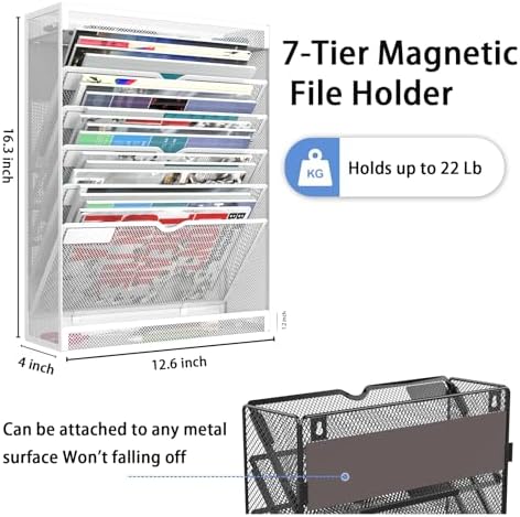 7 Tier Magnetic File Holder, No Drilling Wall File Organizer for File Cabinets Whiteboard Refrigerator,Office,Classroom, Hanging Paper Folder Holder, White - Image 6
