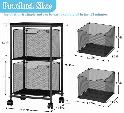 Sbanmao Rolling File Cart with 2 Storage Drawers, Mobile File Cabinet with Wheels, Hanging File Folder Organizer, Under Desk Storage, Printer Stand Utility Cart Filing Cabinet for Home Office,Black - Image 2