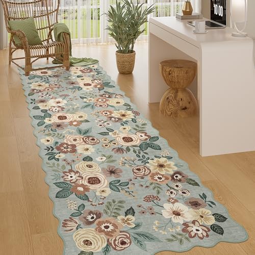 DUKINO 2.6x8 Runner Rug, Floral Washable Kitchens Rug Non Slip, Sage Green by DUKINO