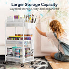 YASONIC 3 Tier Metal Rolling Cart, White Utility Storage Cart with Wheels - Image 5