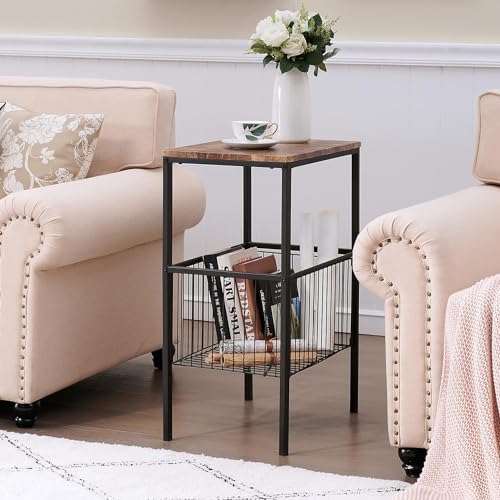 VECELO 31" H Tall Side End Table,2-Tier Shelf Storage Organizer with Versatile Metal Basket for Entryway/Living Room/Kitchen/Laundry/Bathroom,Industrial Metal Frame, Brown by VECELO