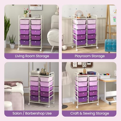 Giantex 10 Drawers Rolling Cart, Classroom Organizers, Storage Cart with Wheels, for Teacher Office Home School Supplies Tool Craft Art Paper, Purple Gradient - Image 5