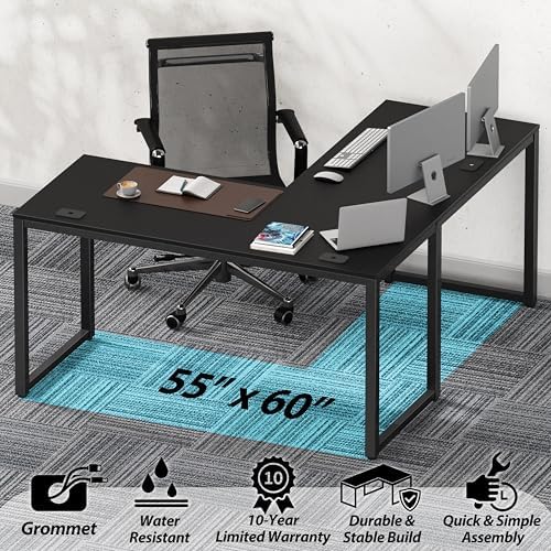 SHW 55 x 60 Commercial-Grade L-Shape Corner Office Computer Desk, Black - Image 4