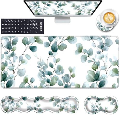 Keyboard Wrist Rest and Mouse Pad with Wrist Support Set Ergonomic Coaster,Memory Foam,Easy Typing Pain Relief,Large XL Desk Mat 31.5"x 11.8",Grass Leaves by CICPLKSE
