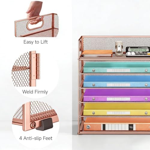 6 Tiers Letter Tray Paper Organizer with Handle, Mesh Desk File Organizer, Metal Desktop Document Shelf Organization, Paper Sorter Organizer for Office, Home or School File Folder Holder (Rose Gold) - Image 2