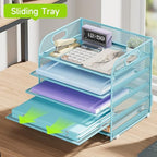 Cawukege 2 Pack 5 Tier Paper Organizer, Letter Tray with Handle, Mesh Desk Organizer, Metal File Organizer, Office Desk Accessories for Home, Office, Classroom, School -Blue - Image 3