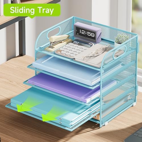 Cawukege 2 Pack 5 Tier Paper Organizer, Letter Tray with Handle, Mesh Desk Organizer, Metal File Organizer, Office Desk Accessories for Home, Office, Classroom, School -Blue - Image 3