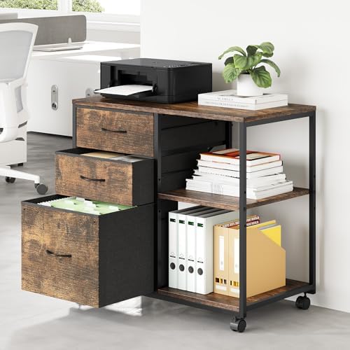 VINGLI 3 Drawer File Cabinet with Wheels Under Desk Printer Stand, Rolling File Cabinet with Shelves Adjustable, Mobile Lateral Filing Cabinet for Home Office, Fits Letter Size, Rustic Brown - Image 2
