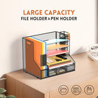 5-Tier Desk Organizer with File Holder & Pen Holder & Sliding Drawer, Black - Image 2