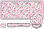 Floral Desk Mat, 4in1 Large Mouse Pad with Wrist Rest, Cute Desk Matt for Desktop, Deskpad Mat, Anti-Slip XXL Computer Ergonomic Mousepad with Wrist Support for Keyboard and Mouse I Pink Flowers by NXZGO