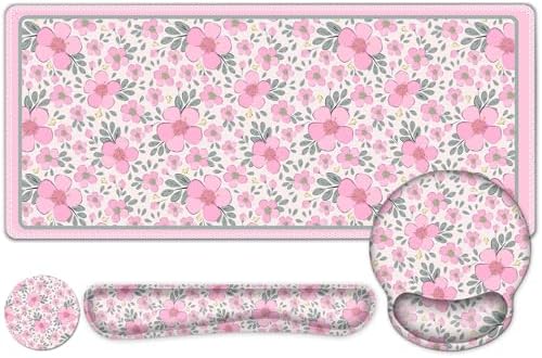 Floral Desk Mat, 4in1 Large Mouse Pad with Wrist Rest, Cute Desk Matt for Desktop, Deskpad Mat, Anti-Slip XXL Computer Ergonomic Mousepad with Wrist Support for Keyboard and Mouse I Pink Flowers by NXZGO
