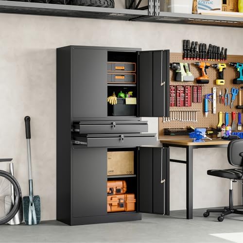 Yizosh Metal Garage Storage Cabinet with Locking Doors and Adjustable Shelves, 71" Tool Storage Cabinet with 2 Drawer for Garage,Warehouse - Image 6