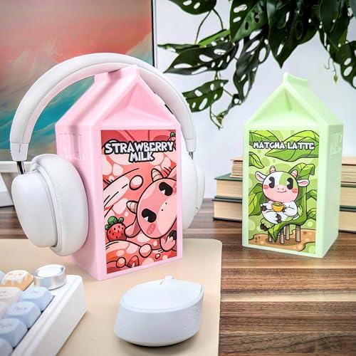 Milk Carton Headphone Stand - Universal Headset Holder - Cute Headphone Stand Hanger - Kawaii Desk Accessories - Pink Gaming Setup - Sturdy Desk Headset Mount (Matcha Latte) - Image 2