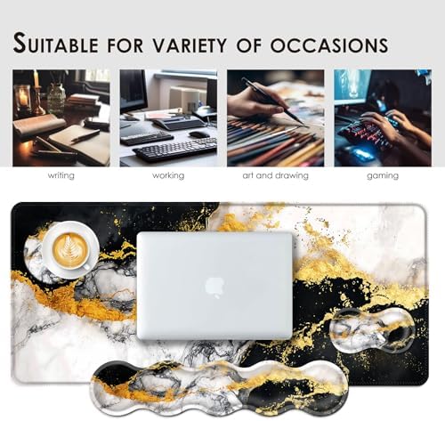 Large Keyboard Mouse Pad Set, Extended Mouse Pad+Keyboard Wrist Rest Support, Memory Foam Ergonomic Easy Typing, 4Pcs (31.5×11.8 in) Desk Pad Set for Office Home,Black and White Gold Marble - Image 7