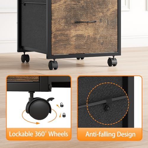 VINGLI 3 Drawer File Cabinet 34.8” Height, Rolling File Cabinet Mobile Tall File Cabinet with Wheels, Fabric Drawers Printer Stand for Home Office, Fits Letter Size, Rustic Brown - Image 5