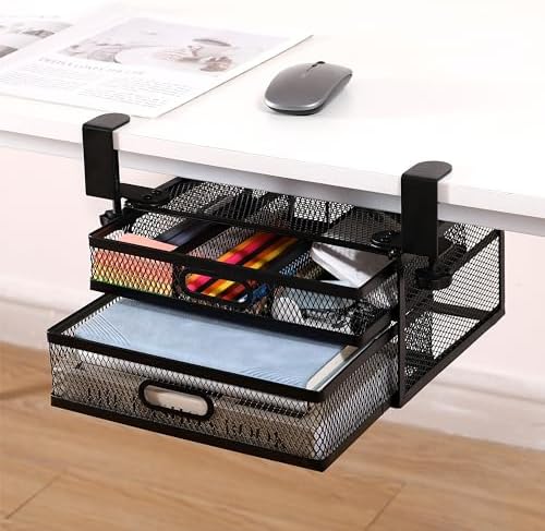 Sliding Under Desk Drawer Organizer No Drilling 2 Drawers Slide Out Desktop Or Under Table Storage Metal Clamp On Desk Drawer Attachment Anti-Slip Small Under Desk Organizer for Home & Office by ROLIZOE