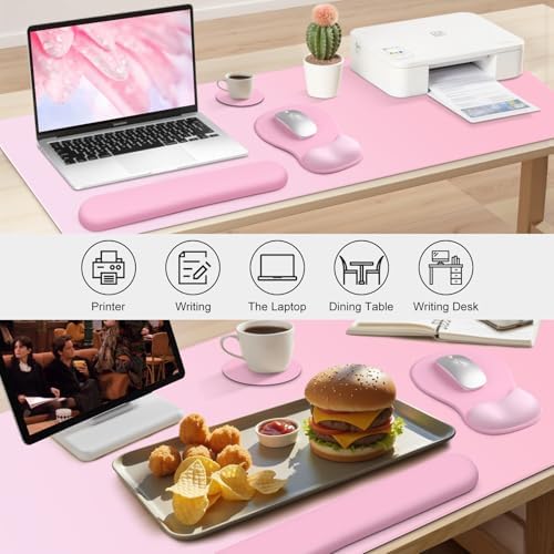 4-in-1 Large Gaming Mouse Pad, Keyboard Wrist Rest Pad & Wrist Support Mousepad Set, Extended Desk Pad Waterproof Desk Mat for Girl Women Home Office Decor Study Game 35.4×15.7 Inches I Soft Pink - Image 2