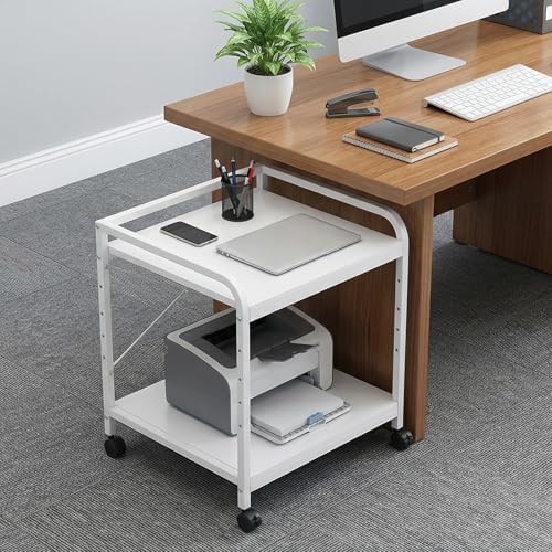 GarveeHome Under Desk Printer Stand, 20" Deep Large Printer Table with Height Adjustable Storage Shelf, 2 Tier Rolling Printer Cart with Wheels for Home Office, White - Image 7