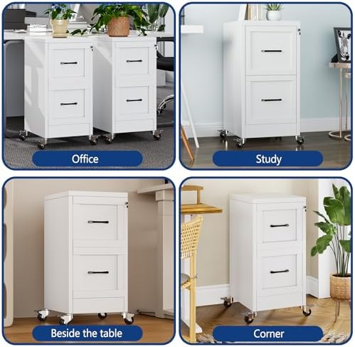Ckzbx 2 Drawer File Cabinet with Lock, Narrow Vertical Filing Cabinet, Under Desk File Cabinets,White Metal Dresser Cabinets for Home Office,Fit Letter/A4/Legal Size File (Wheel) - Image 5