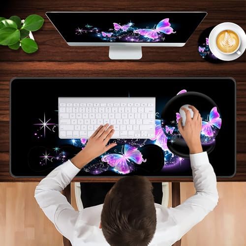 Mouse Pad,Large Pink Desk Mat, 4in1 XXL Mousepad + Keyboard Wrist Rest+Mouse Wrist Rest+Coaster Set with Ergonomic Desk Pad for Home Office Table Computer-Glowing Night Pink Butterflies - Image 4
