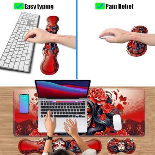 4 in 1 Ergonomic Keyboard Wrist Rest & Mouse Pad Wrist Rest Set, Large XXL Gaming Desk Mat 31.5"x 11.8" with Non-Slip Base, Memory Foam for Home Office Study Gaming, Sugar Skull Girl Roses - Image 6