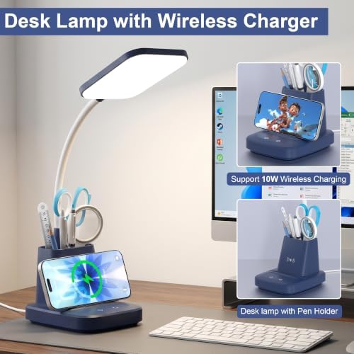 LED Desk Lamp with 10W Wireless Charging & Pen Holder, Navy Blue - Image 2
