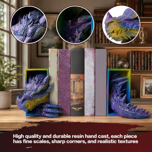 Dragon Bookends Ornaments, Gothic Fantasy Bookends, Book Lovers Unique Resin Shelf Holder Set, Functional Resin Animal Statue Sculpture Book Holder for Home Office Bookshelf（Purple） - Image 6