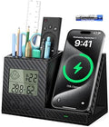Pen Holder for Desk, Desk Organizer with Wireless Charger, Built in Digital Indoor Thermometer and Humidity Monitor, Multi-Functional Pencil Organizer for Home Office, Black Carbon Fiber by Investme