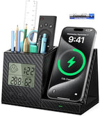 Pen Holder for Desk, Desk Organizer with Wireless Charger, Built in Digital Indoor Thermometer and Humidity Monitor, Multi-Functional Pencil Organizer for Home Office, Black Carbon Fiber by Investme