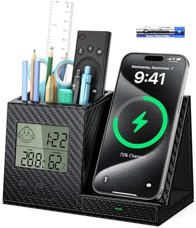 Pen Holder for Desk, Desk Organizer with Wireless Charger, Built in Digital Indoor Thermometer and Humidity Monitor, Multi-Functional Pencil Organizer for Home Office, Black Carbon Fiber by Investme