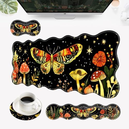 Desk Mat, Mouse Pad with Wrist Rest, 4-in-1 Large Mouse Pads for Desk, Ergonomic Mouse Pad and Keyboard Wrist Rest Gaming Keyboard Mat for Office,Mushrooms and Butterflies by EFGWSDER