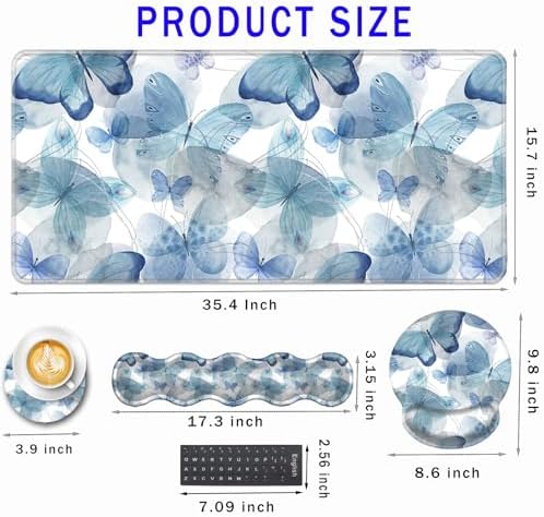 Mouse Pad,Large Pink Desk Mat, 4in1 XXL Mousepad + Keyboard Wrist Rest+Mouse Wrist Rest+Coaster Set with Ergonomic Desk Pad for Home Office Table Computer-Blue Butterfly - Image 2