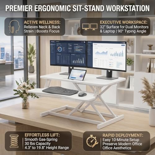 32 Inch Height Adjustable Stand Up Desk Riser, Heavy Duty Computer Workstation with Removable Keyboard Tray - Ergonomic Design for Home Office Workshop Gaming, Spacious Platform(White) - Image 3