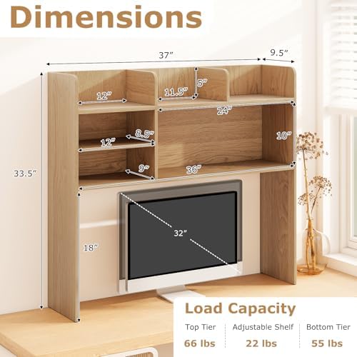 BECOMFORT Desk Hutch, Desk Organizer Shelf w/ 6 Storage Compartments, up to 32” Monitor, Wooden Display Rack, Desktop Bookshelf for Vanity Dressing Tabletop College Dorm Home & Office - Image 3