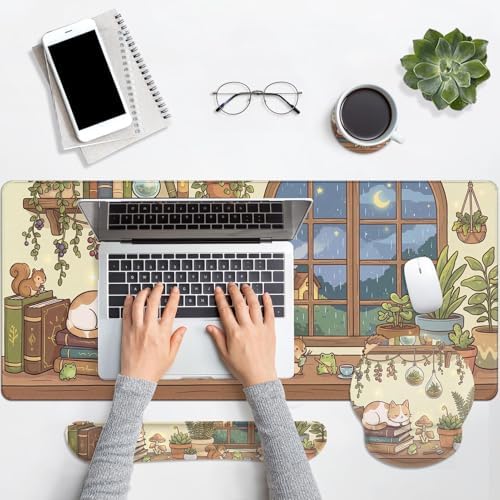 Arttown Keyboard Mouse Pad Set, 4 in 1 Desk Mat Set Kawaii Mushroom - Image 7