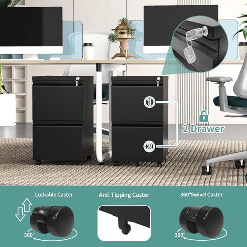 Guizeeopo 2 Drawer Locking File Cabinet, Fully Assembled Heavy-Duty Metal Filing Cabinets for Home Office, Quiet Slides, Anti-Tipping Wheels, Fits A4/Letter/Legal, Matte Black - Image 4