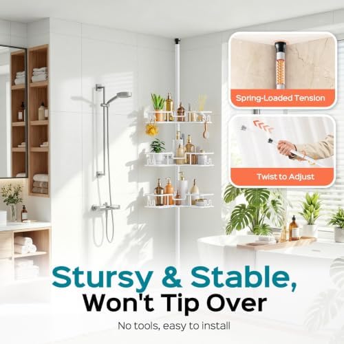 HAMITOR Corner Shower Organizer, 4-Tier Tension Pole Caddy with Hook, White - Image 4